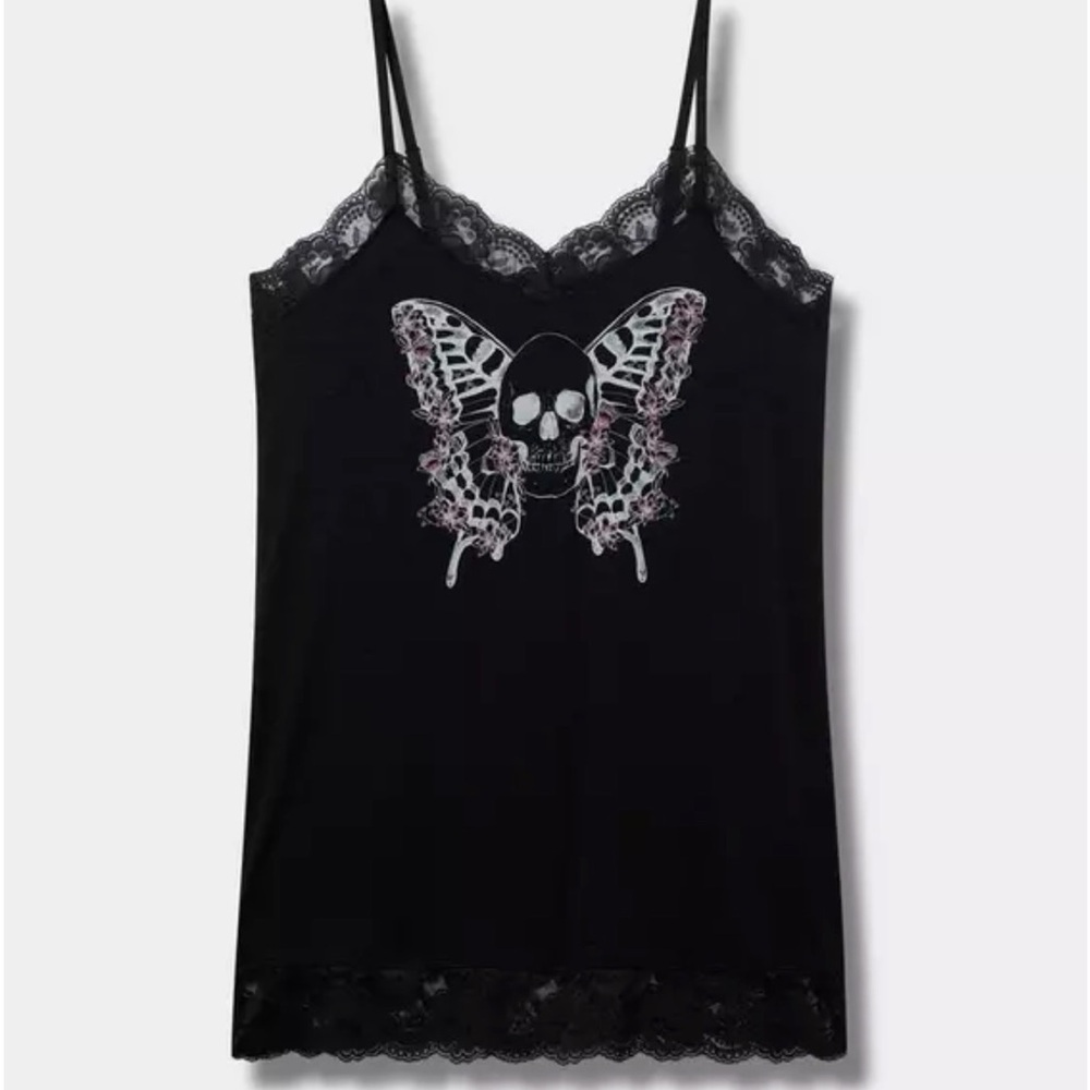 Black Lace Trim Skull Butterfly Tank Top